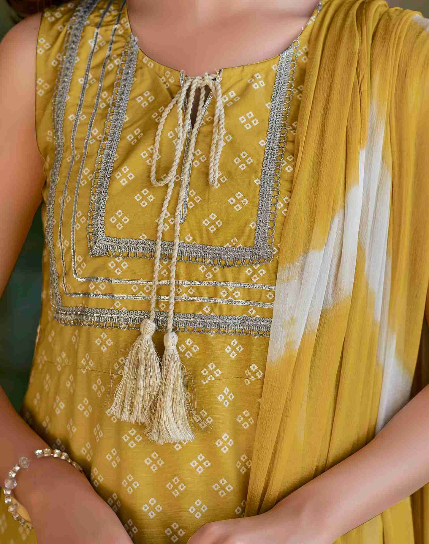 Yellow Silk A-line Kurta With Pant And Dupatta