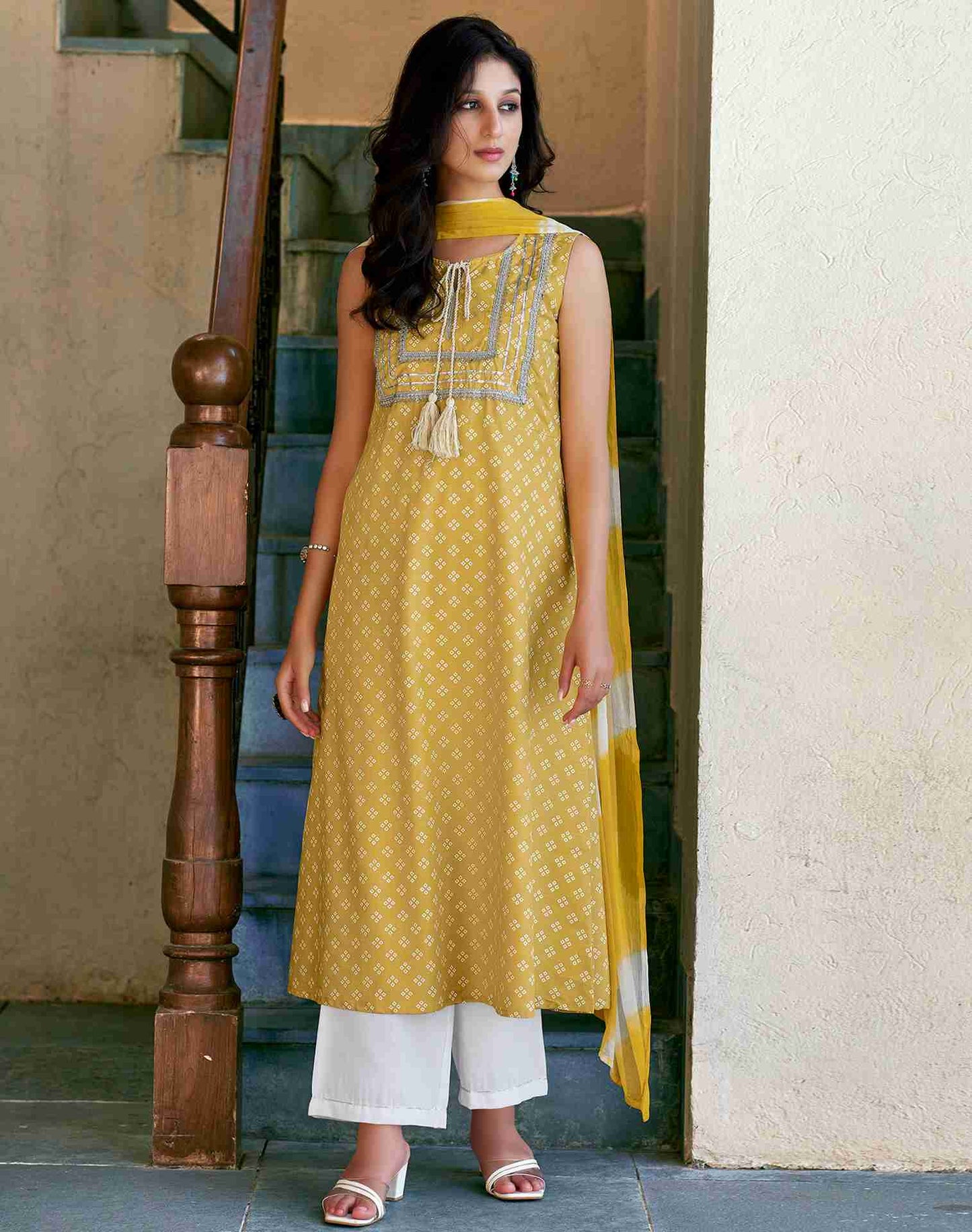 Yellow Silk A-line Kurta With Pant And Dupatta