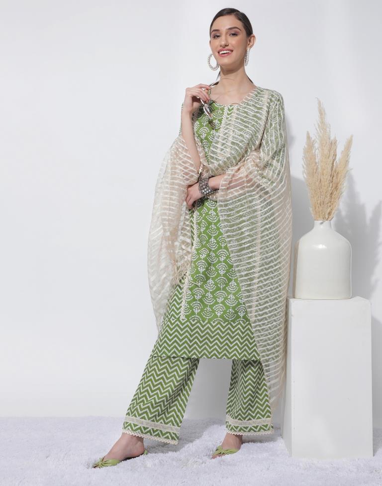 Green Printed Kurta With Pant And Dupatta