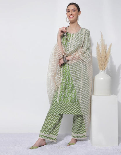 Green Printed Kurta With Pant And Dupatta