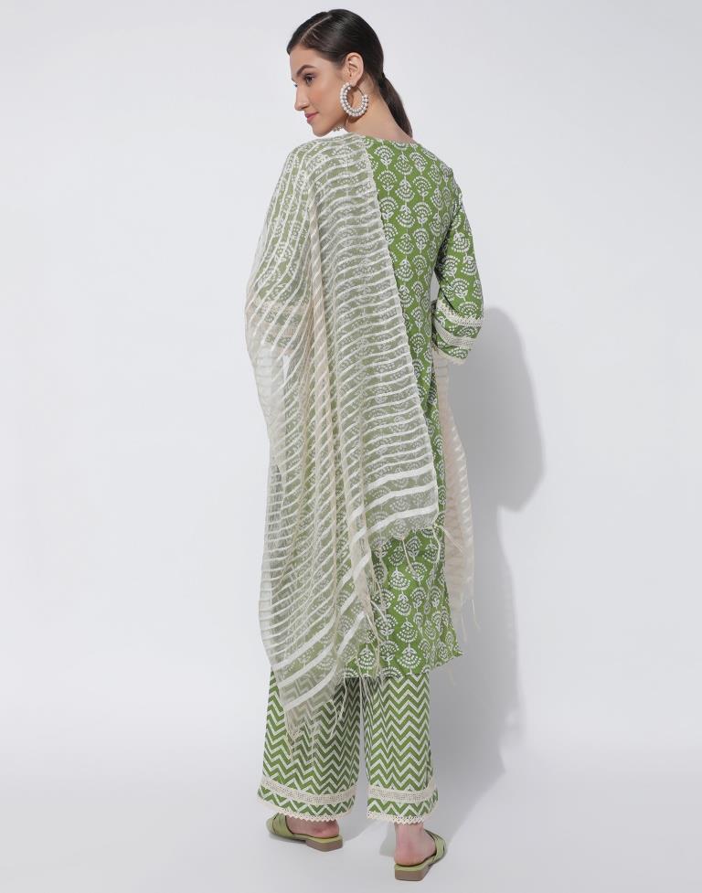 Green Printed Kurta With Pant And Dupatta