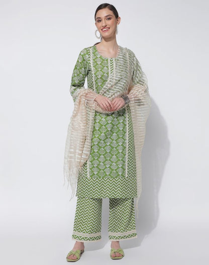 Green Printed Kurta With Pant And Dupatta