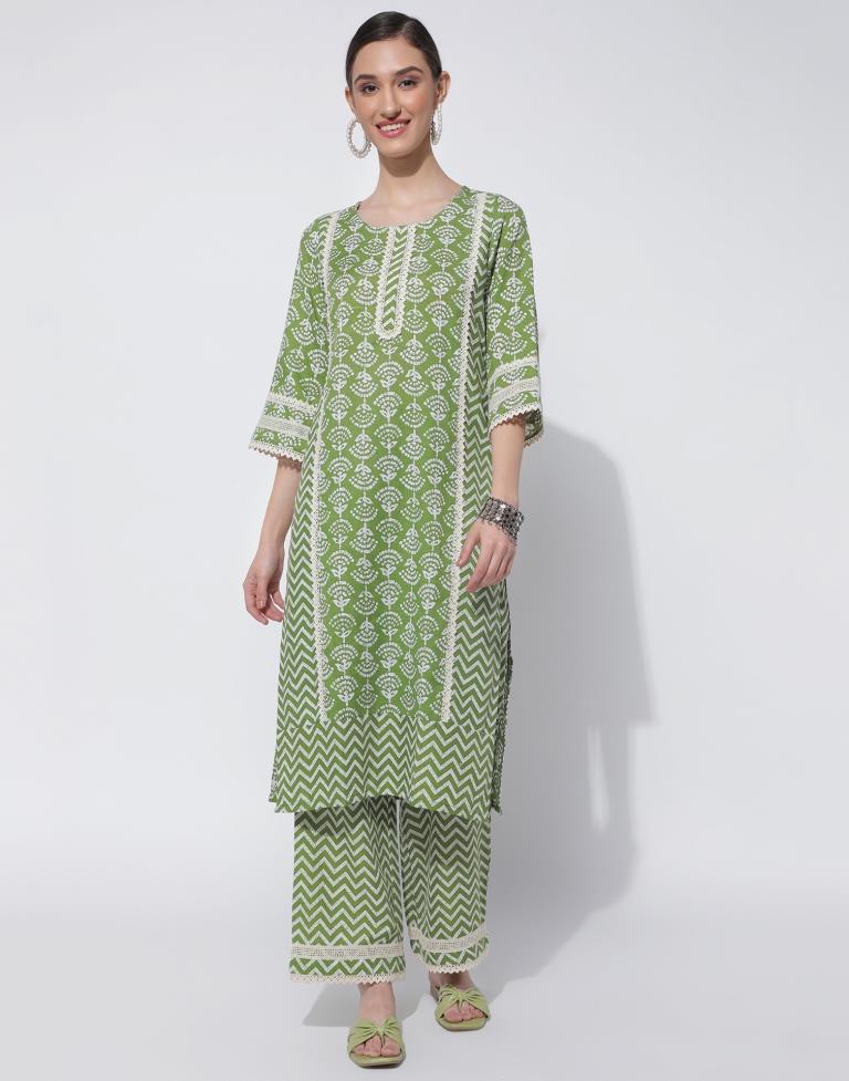 Green Printed Kurta With Pant And Dupatta