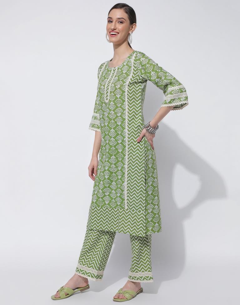 Green Printed Kurta With Pant And Dupatta