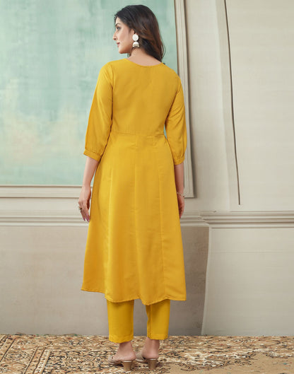 Yellow Printed Rayon A-Line Kurta With Pant And Dupatta