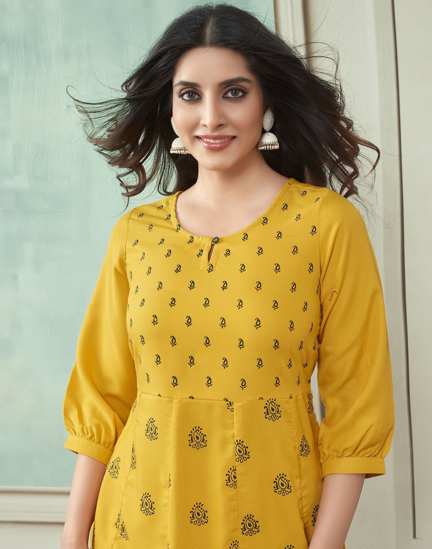 Yellow Printed Rayon A-Line Kurta With Pant And Dupatta