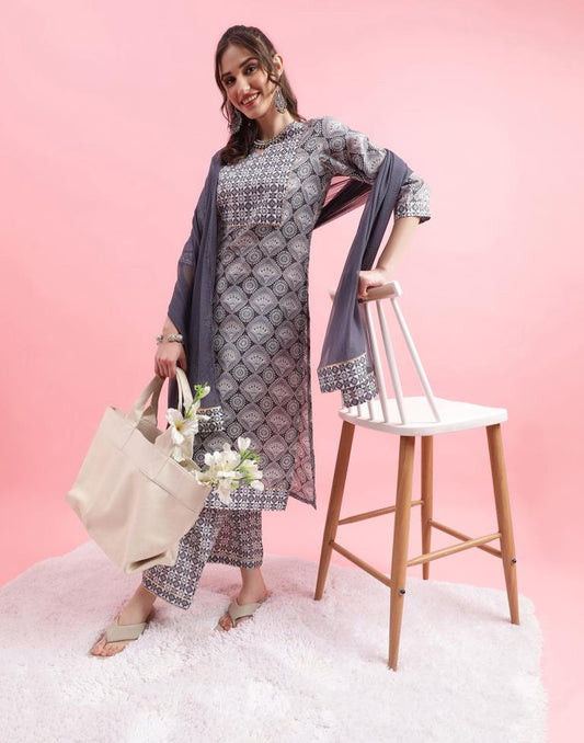 Grey Printed Cotton Straight Kurta With Pant And Dupatta