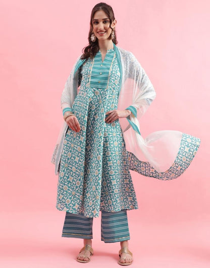 Green Cotton Printed A-Line Kurta With Pant And Dupatta