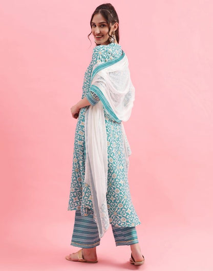 Green Cotton Printed A-Line Kurta With Pant And Dupatta