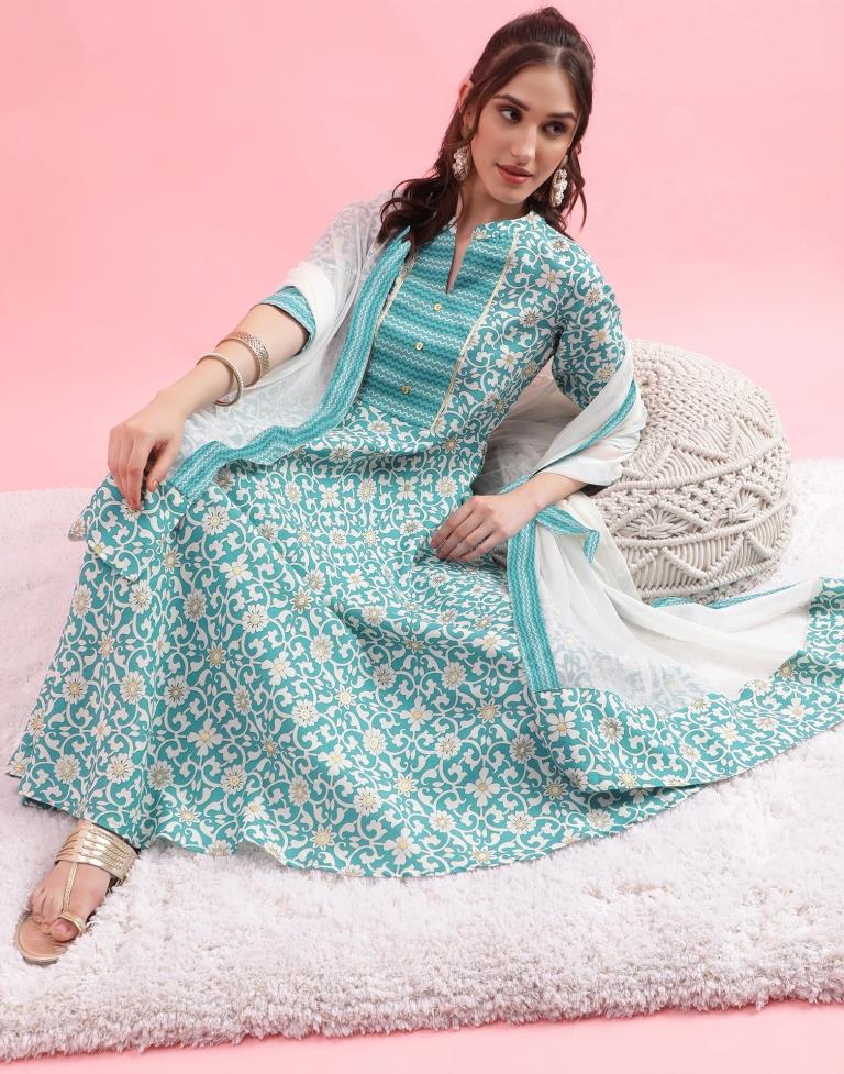 Green Cotton Printed A-Line Kurta With Pant And Dupatta