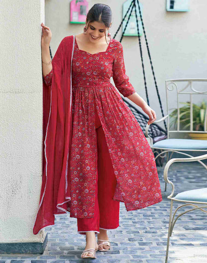 Red Printed Georgette A-Line Kurta With Pant And Dupatta