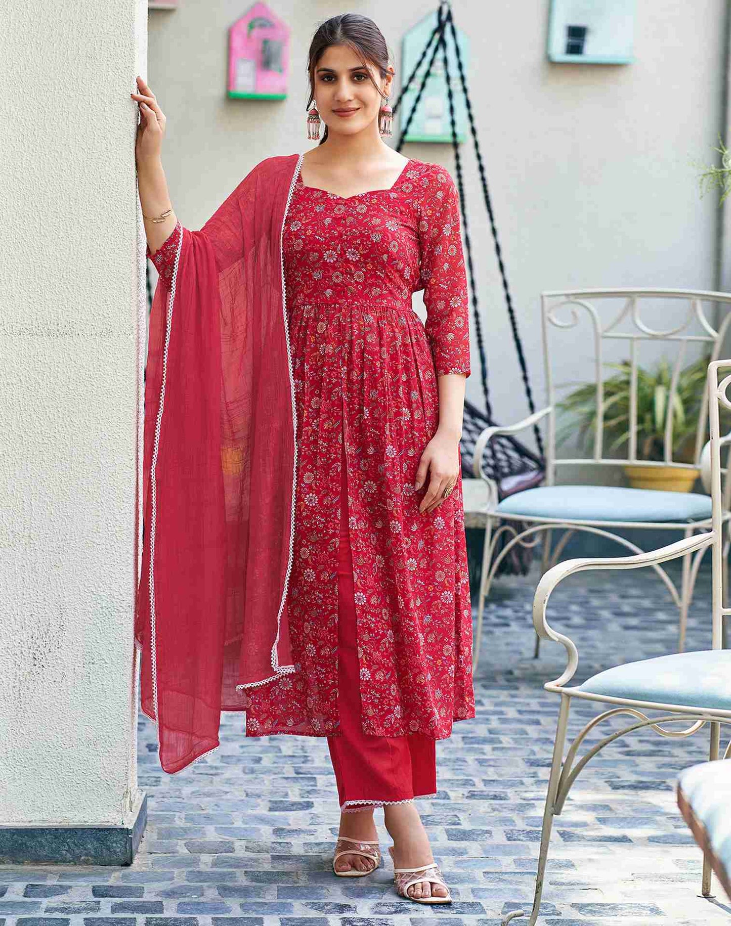 Red Printed Georgette A-Line Kurta With Pant And Dupatta