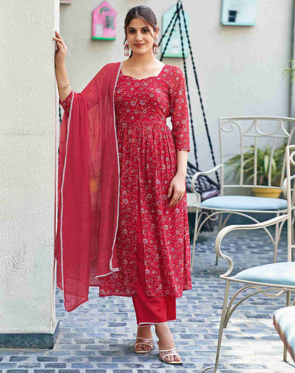 Red Printed Georgette A-Line Kurta With Pant And Dupatta