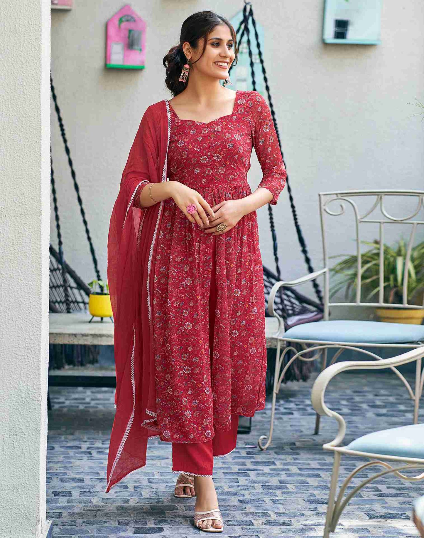 Red Printed Georgette A-Line Kurta With Pant And Dupatta