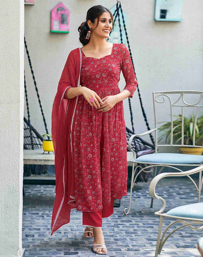 Red Printed Georgette A-Line Kurta With Pant And Dupatta