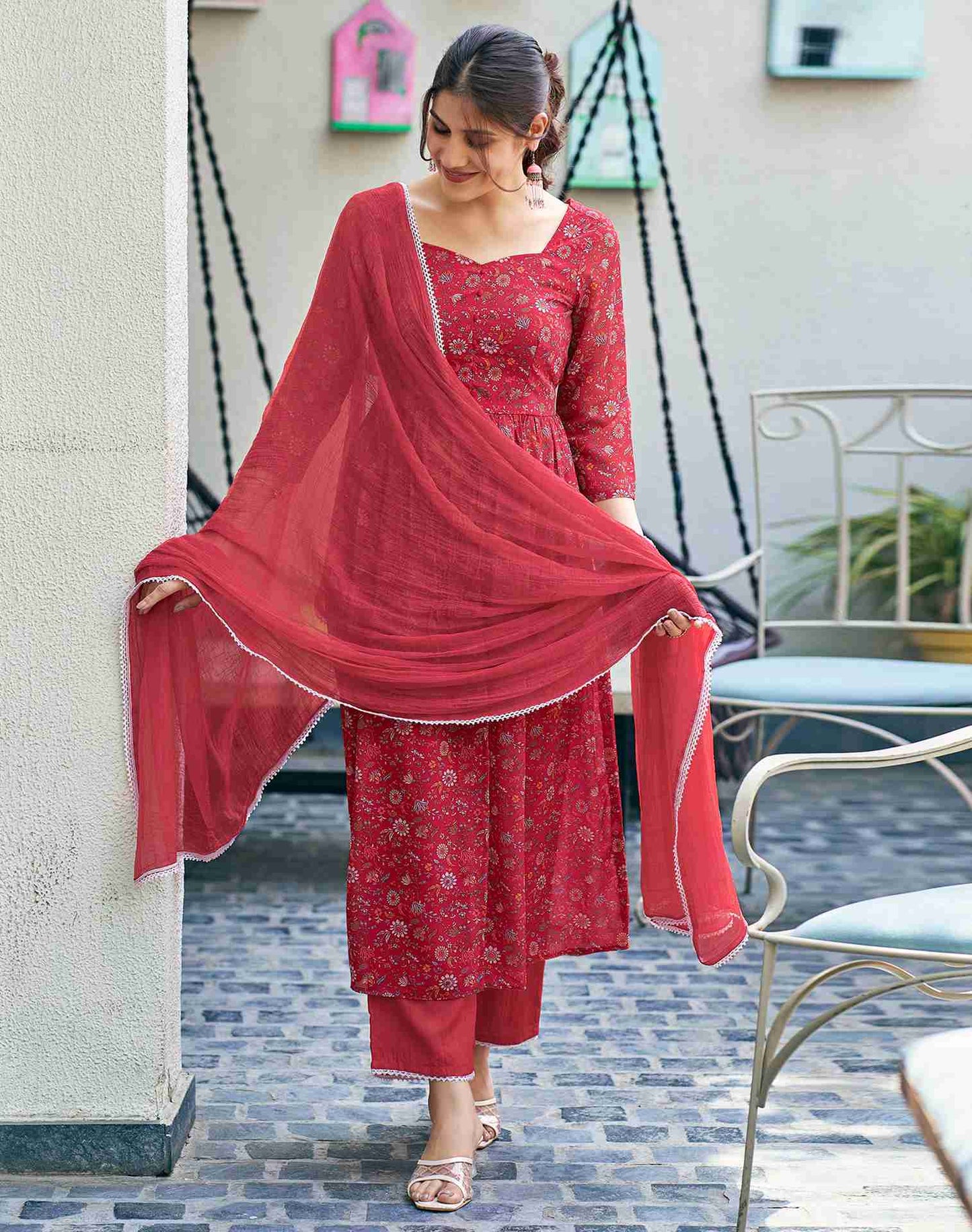 Red Printed Georgette A-Line Kurta With Pant And Dupatta