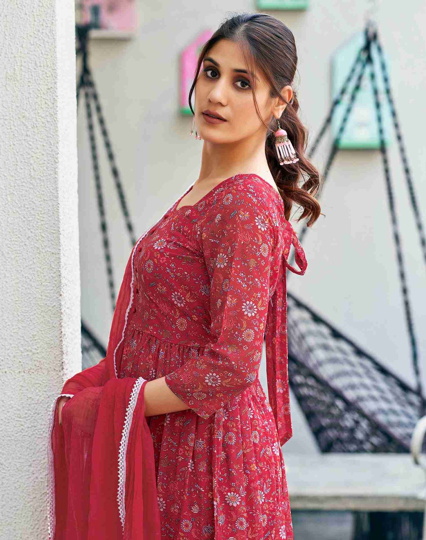 Red Printed Georgette A-Line Kurta With Pant And Dupatta