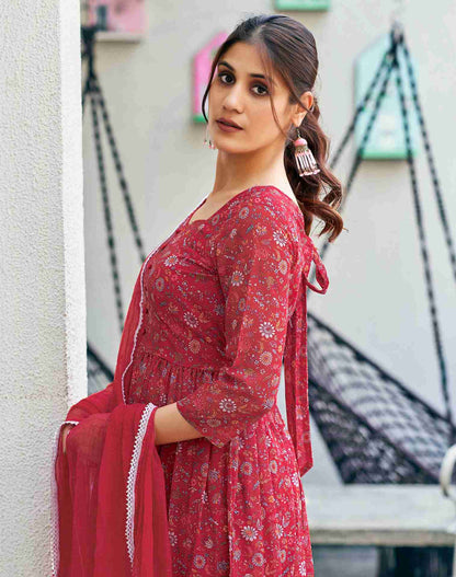 Red Printed Georgette A-Line Kurta With Pant And Dupatta