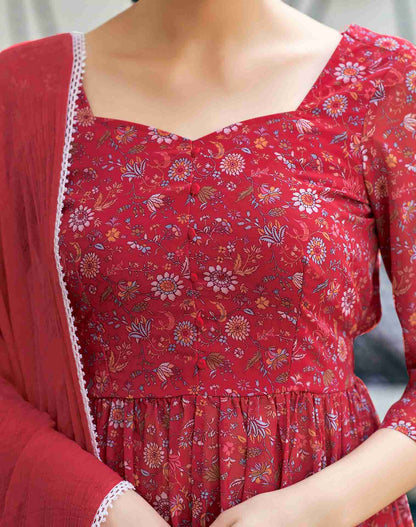 Red Printed Georgette A-Line Kurta With Pant And Dupatta