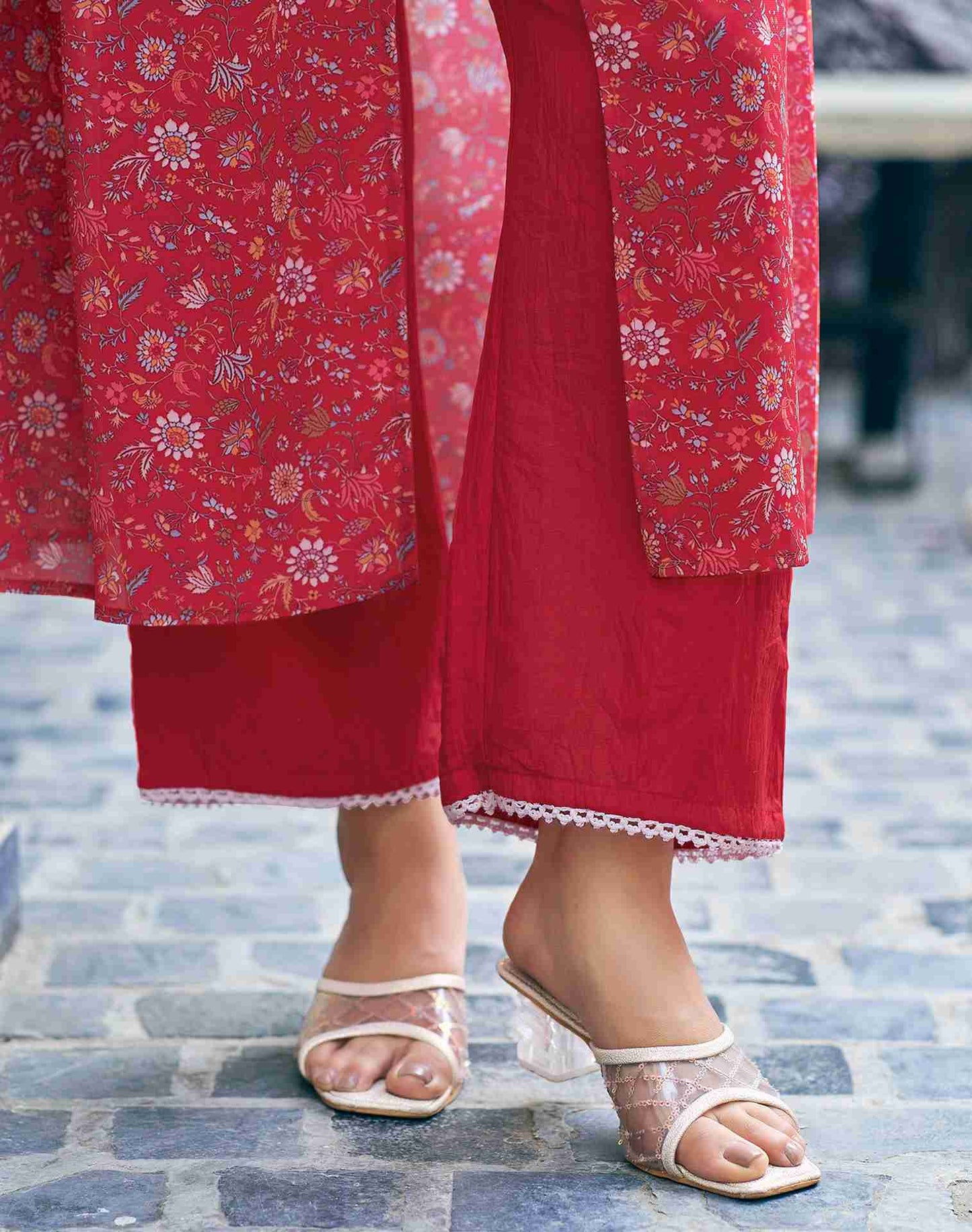 Red Printed Georgette A-Line Kurta With Pant And Dupatta