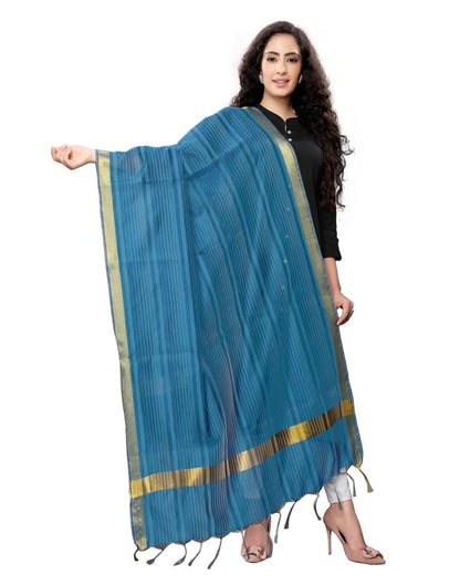 Epitome Blue Coloured Cotton Silk Woven Strip Dupatta | Sudathi