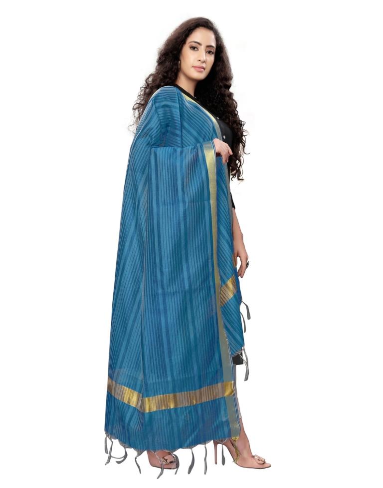 Epitome Blue Coloured Cotton Silk Woven Strip Dupatta | Sudathi