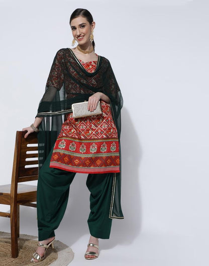 Red Printed Cotton Straight Kurta With Pant And Dupatta