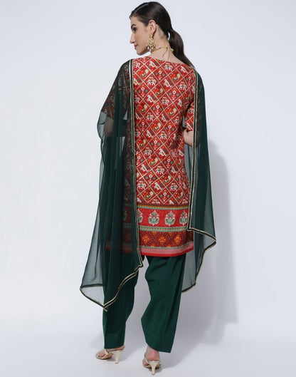 Red Printed Cotton Straight Kurta With Pant And Dupatta