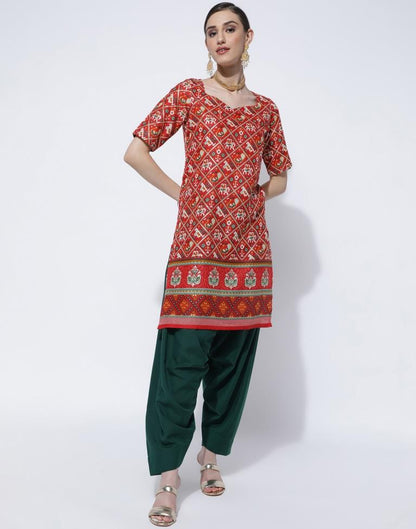 Red Printed Cotton Straight Kurta With Pant And Dupatta