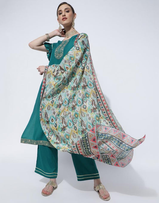 Rama Green Embroidery Chinnon Straight Kurta With Pant And Dupatta