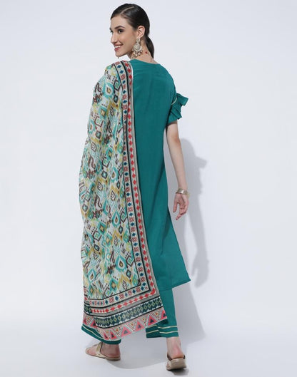 Rama Green Embroidery Chinnon Straight Kurta With Pant And Dupatta