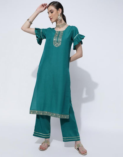 Rama Green Embroidery Chinnon Straight Kurta With Pant And Dupatta