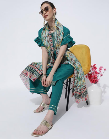 Rama Green Embroidery Chinnon Straight Kurta With Pant And Dupatta