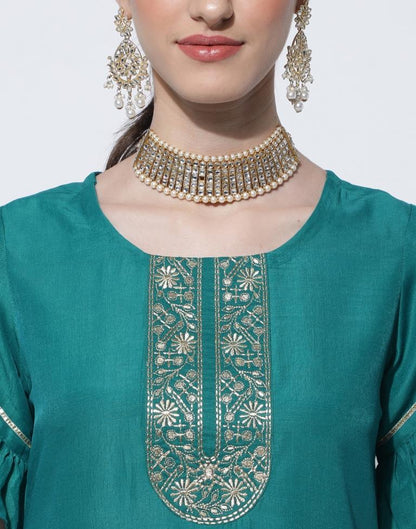 Rama Green Embroidery Chinnon Straight Kurta With Pant And Dupatta