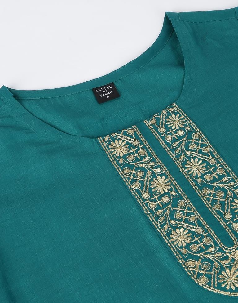 Rama Green Embroidery Chinnon Straight Kurta With Pant And Dupatta