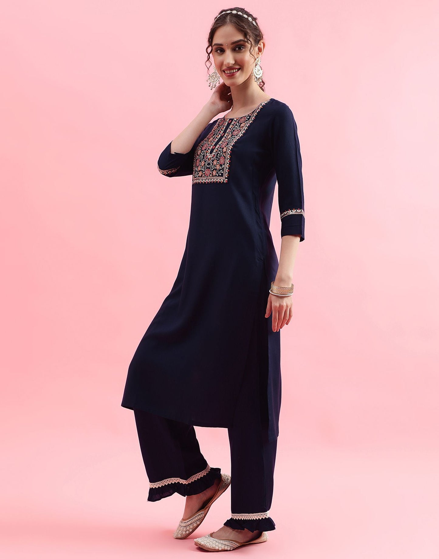 Dark Blue Plain Rayon Straight Kurta With Pant And Dupatta