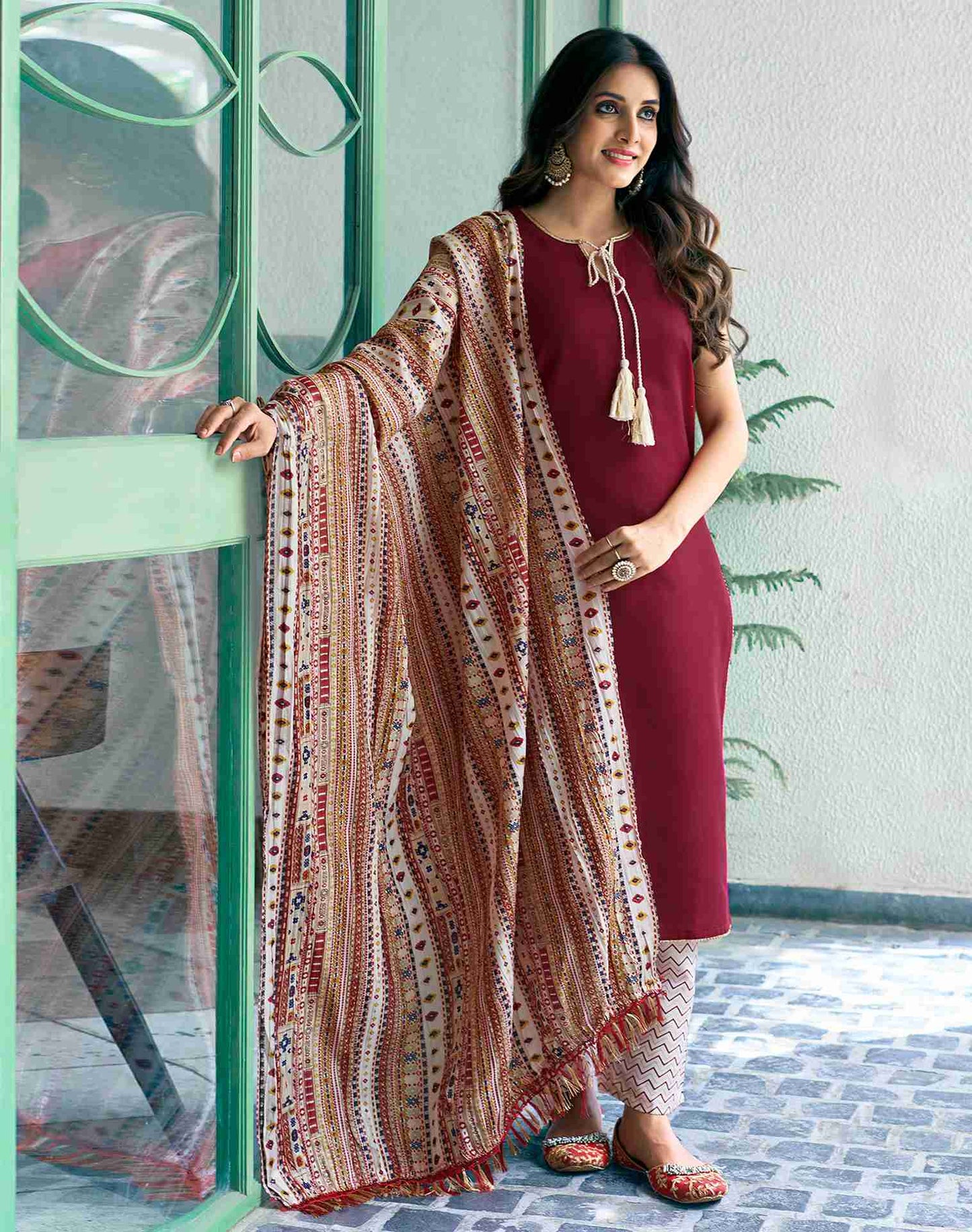 Maroon Plain Cotton Straight Kurta Set with Dupatta