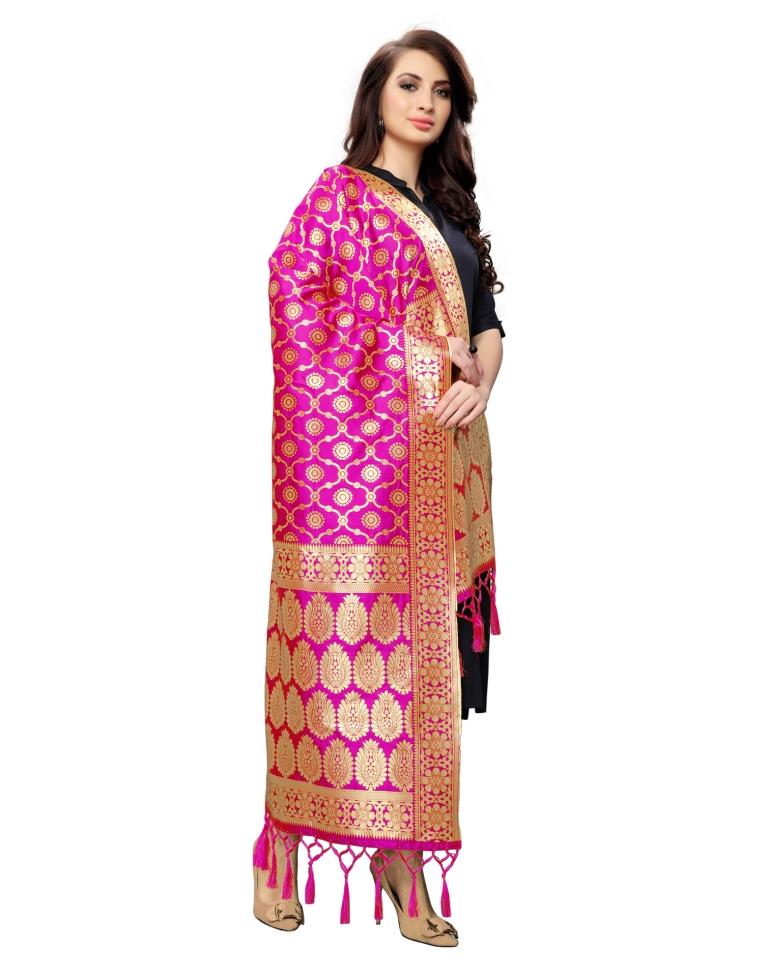 Choicest Pink Coloured Poly Silk Jacquard Banarasi Dupatta | Sudathi