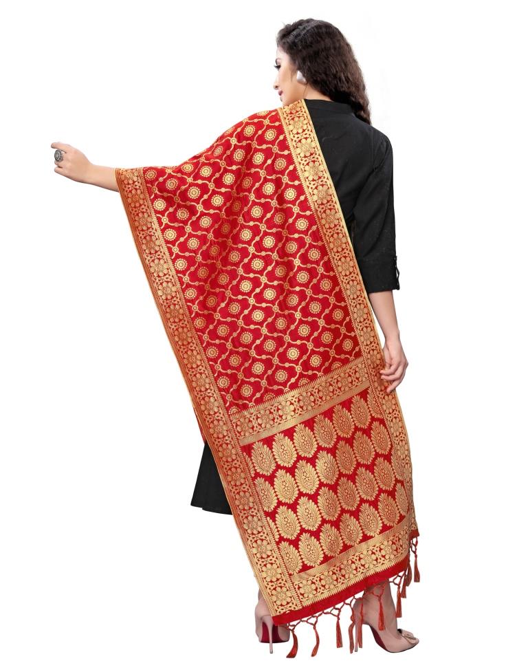 Talismanic Red Coloured Poly Silk Jacquard Banarasi Dupatta | Sudathi