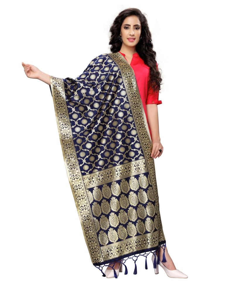 Sparkling Navy Blue Coloured Poly Silk Jacquard Banarasi Dupatta | Sudathi