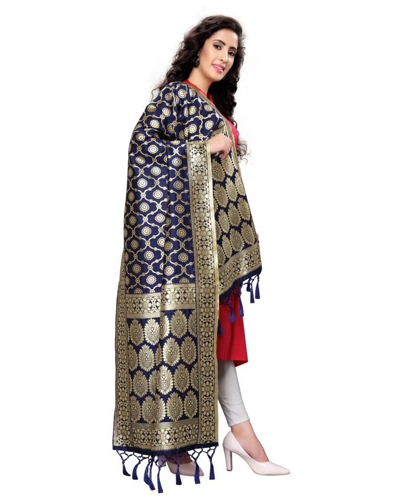 Sparkling Navy Blue Coloured Poly Silk Jacquard Banarasi Dupatta | Sudathi