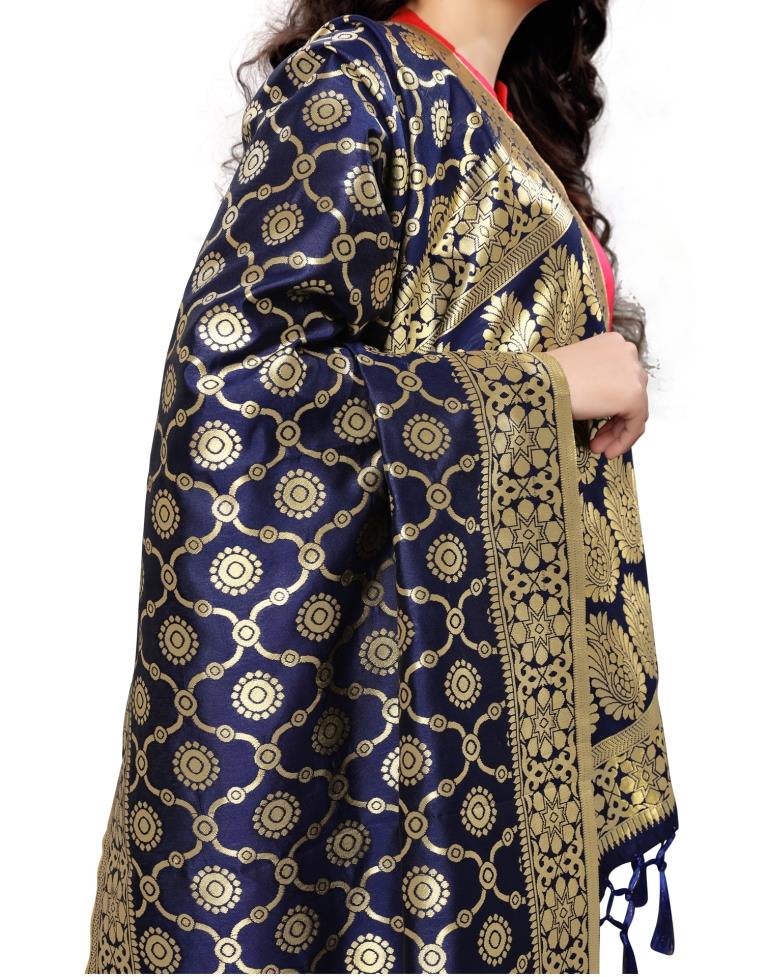 Sparkling Navy Blue Coloured Poly Silk Jacquard Banarasi Dupatta | Sudathi