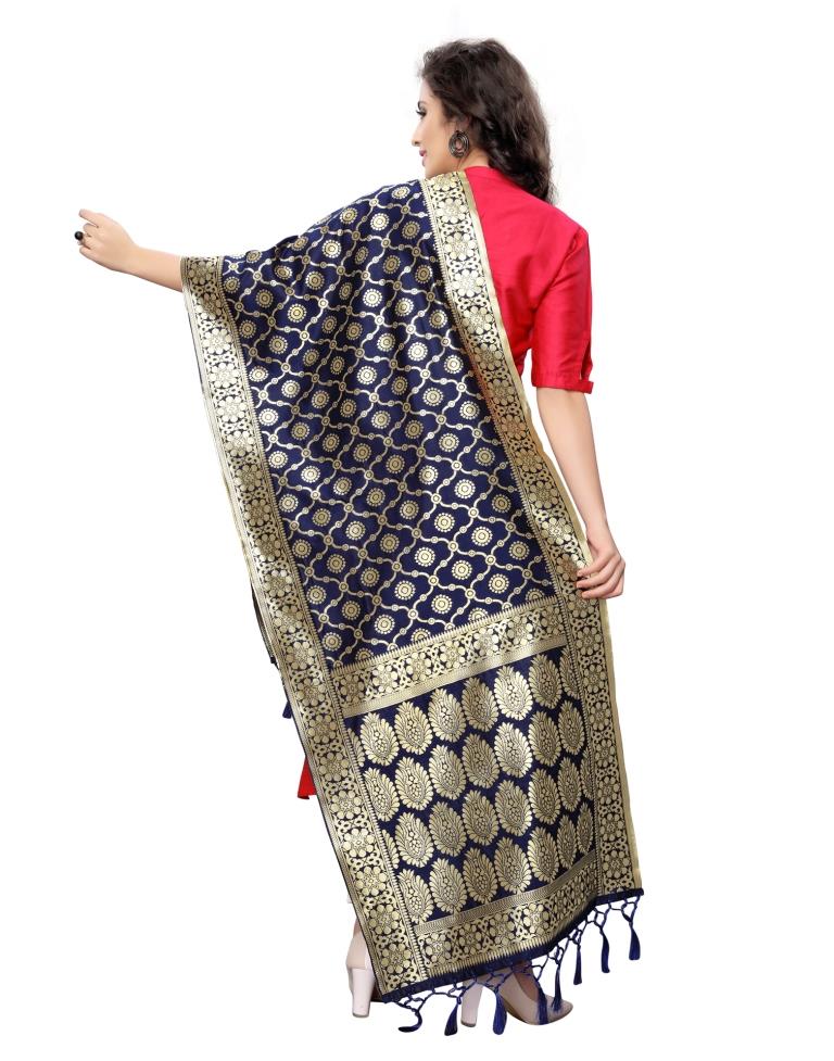 Sparkling Navy Blue Coloured Poly Silk Jacquard Banarasi Dupatta | Sudathi