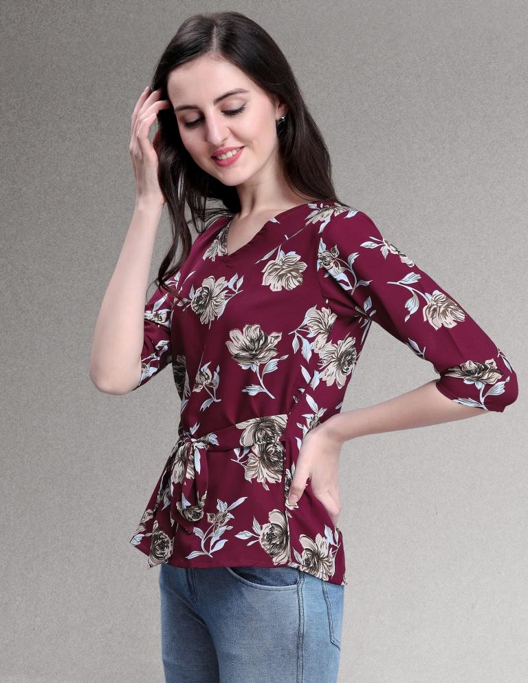 Appealing Maroon Coloured Printed Crepe Tops | Sudathi