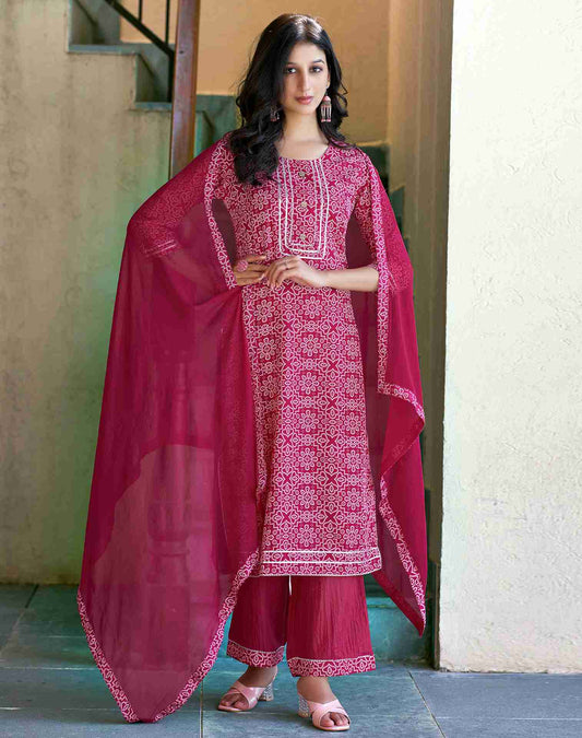 Pink Printed A-Line Kurta With Pant And Dupatta