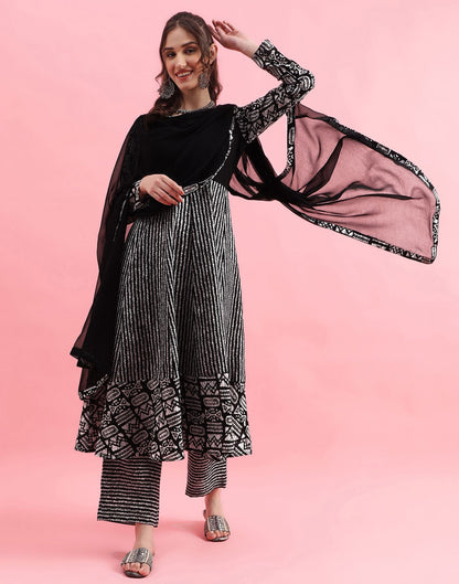 Black Printed Cotton Flared Kurta With Pant And Dupatta