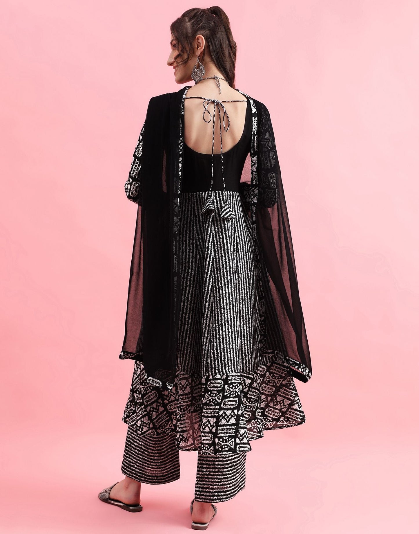 Black Printed Cotton Flared Kurta With Pant And Dupatta