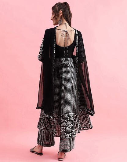 Black Printed Cotton Flared Kurta With Pant And Dupatta