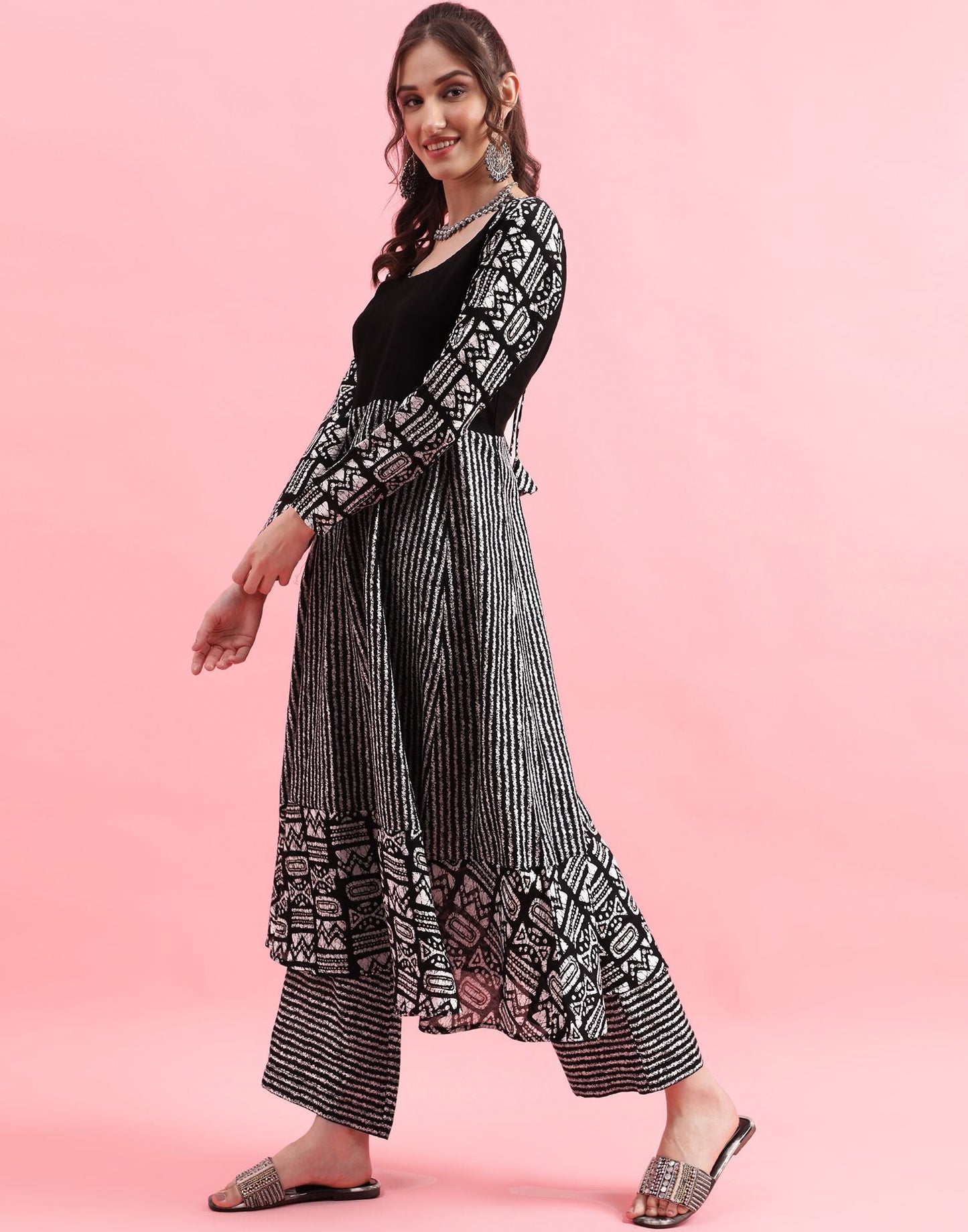 Black Printed Cotton Flared Kurta With Pant And Dupatta