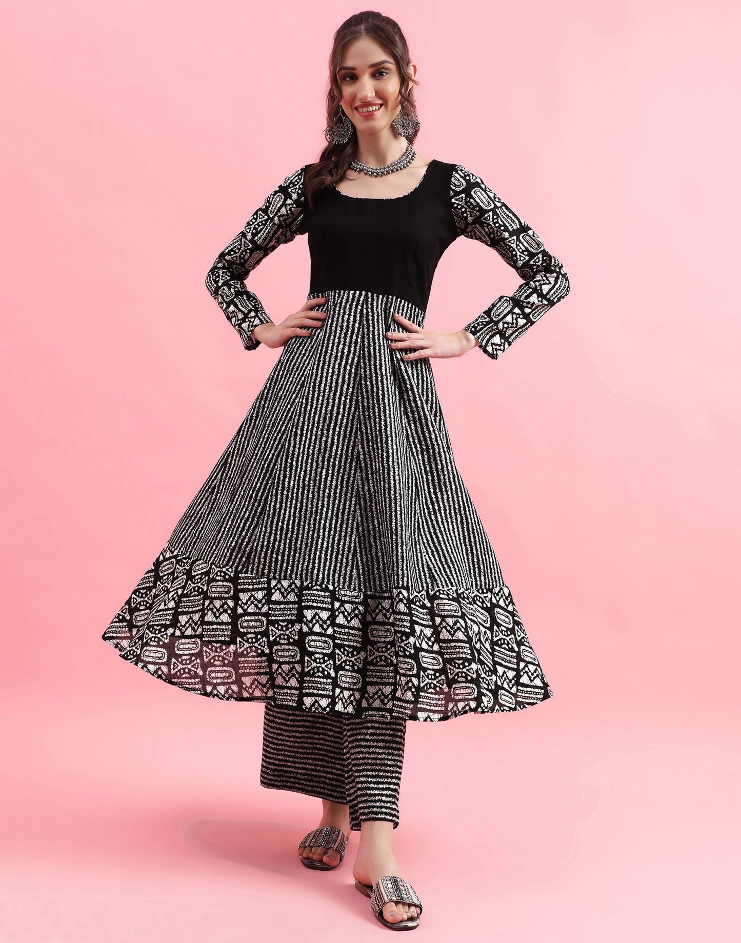 Black Printed Cotton Flared Kurta With Pant And Dupatta